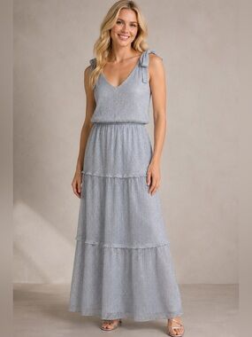 NWT Glamour Nights sz 10 Blue Silver Ruffled Maxi Dress